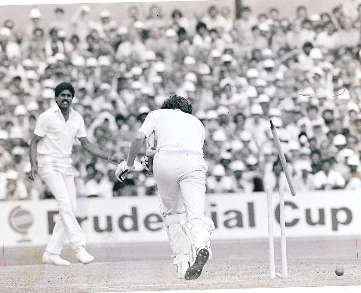 Kapil Dev sends Bob Willis’ stump for a walk in the semifinal match against England in the 1983 World Cup.