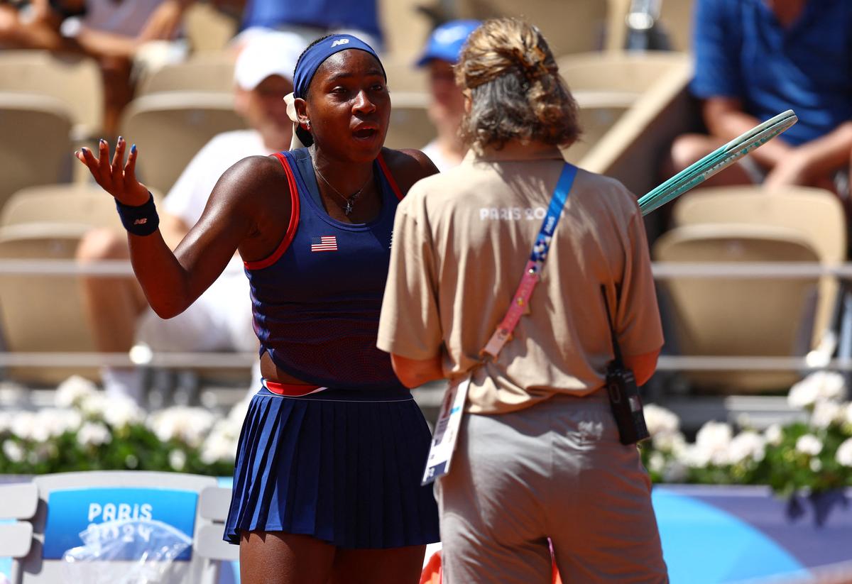 Coco Gauff of United States talking with an official during her match against Donna Vekic in Paris 2024 Olympics.