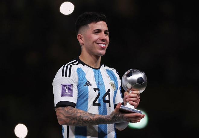 File Photo: Enzo Fernandez of Argentina poses with the FIFA Young Player award trophy at the award ceremony following the FIFA World Cup Qatar 2022 Final match between Argentina and France at Lusail Stadium.