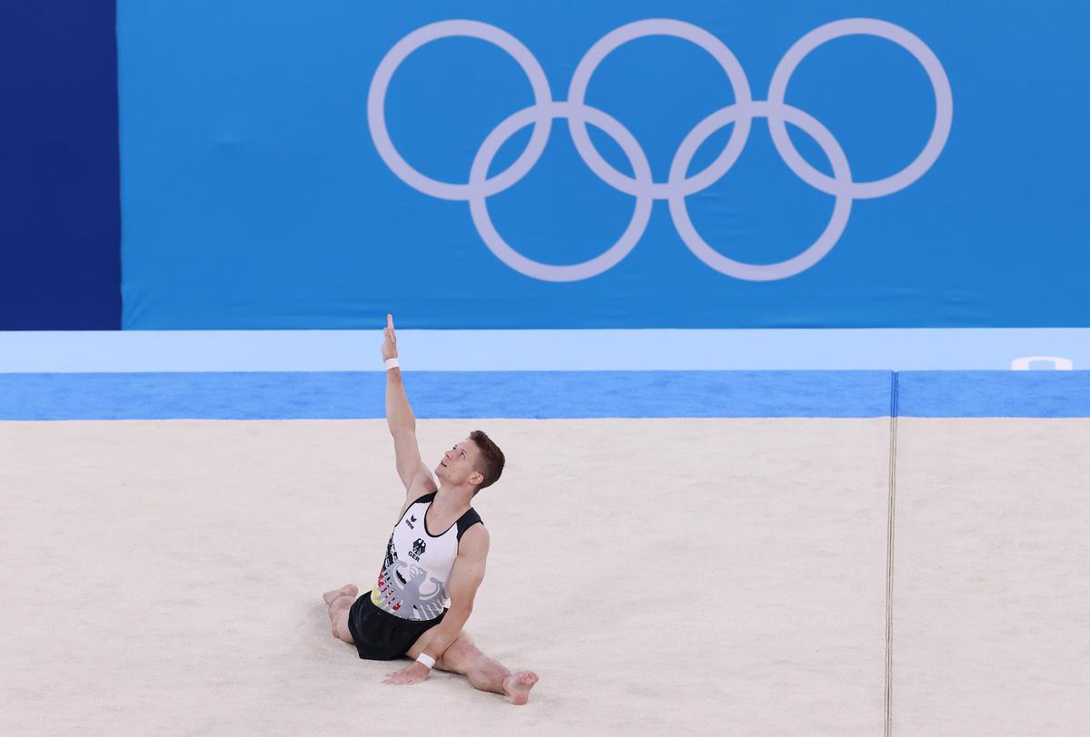 Philipp Herder of Germany competes in the floor exercise during the Men’s All-Around Final on day five of the Tokyo 2020 Olympic Games.