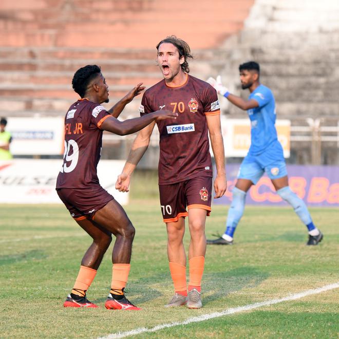 sergio Mendigutxia (No. 70) celebrates after scoring the Gokulam Kerala match-winner in the I-League match against Sreenidi Deccan at Kozhikode on Sunday. The victory helped Gokulam finish third in the I-League.