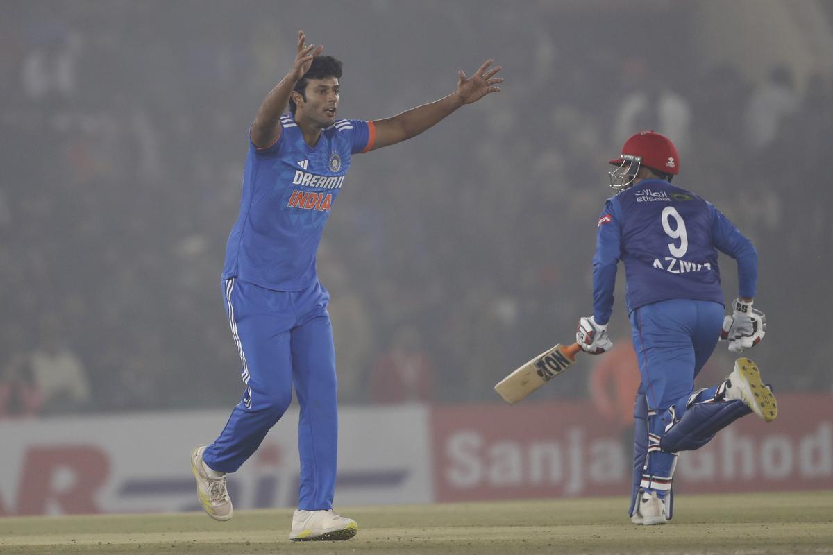 India’s Shivam Dube appeals for the wicket of Afghanistan’s captain Ibrahim Zadran during the 1st T20I, at Punjab Cricket Association Stadium in Mohali on Thursday.