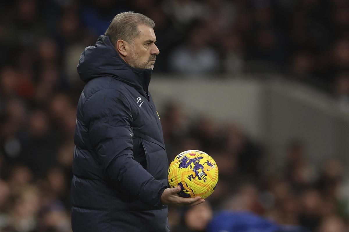 Tottenham’s head coach Ange Postecoglou holds the ball during the English Premier League match between Tottenham Hotspur and AFC Bournemouth at the Tottenham Hotspur Stadium in London