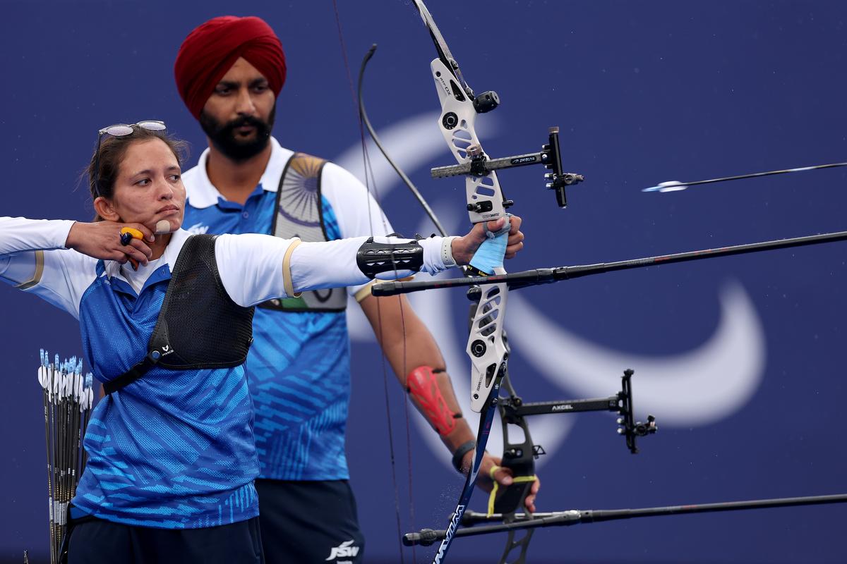 Paris Paralympics: Pooja Jatyan (front) and Harvinder Singh (back) in action during the Mixed Team Recurve Open Bronze Medal Match at Esplanade Des Invalides on September 05, 2024.