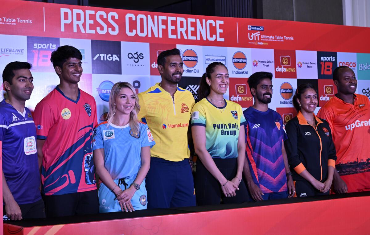 Harmeet Desai (Athlead Goa Challengers), SFR Snehit (Jaipur Patritots), Bernadette Szocs (Ahmedabad SG Smashers), Sharath Kamal (Chennai Lions), Manika Batra (PBG Bangaluru Smashers), G. Sathiyan ( Dabang Delhi TTC), Ayhika Mukherjee (Puneri Paltan Table Tennis), and Quadri Aruna (U Mumba TT) during the UTT’s press conference in Chennai.