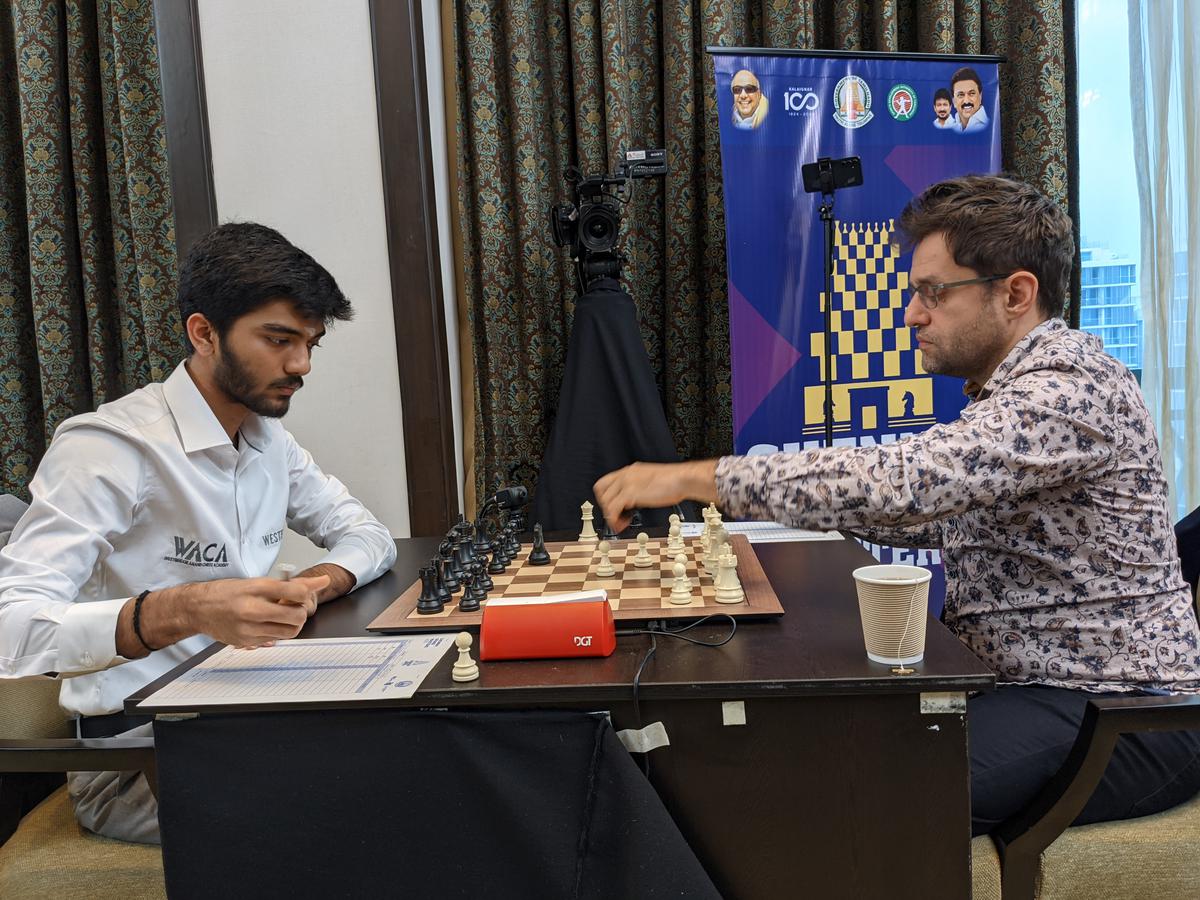 D. Gukesh (left) in action against USA’s Levon Aronian (right) in first round of the Chennai Grand Masters on Friday.