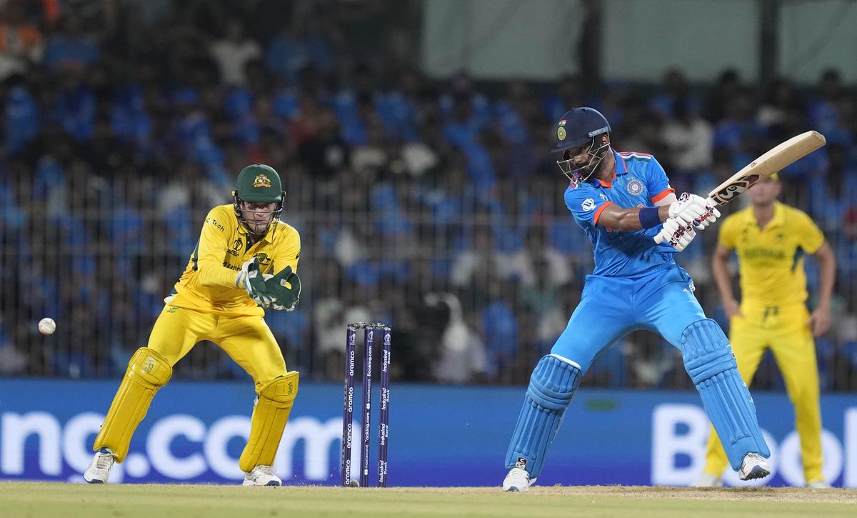 Indian batter KL Rahul plays a shot during the ICC Men’s Cricket World Cup match between India and Australia, at the MA Chidambaram Stadium, in Chennai, Sunday.