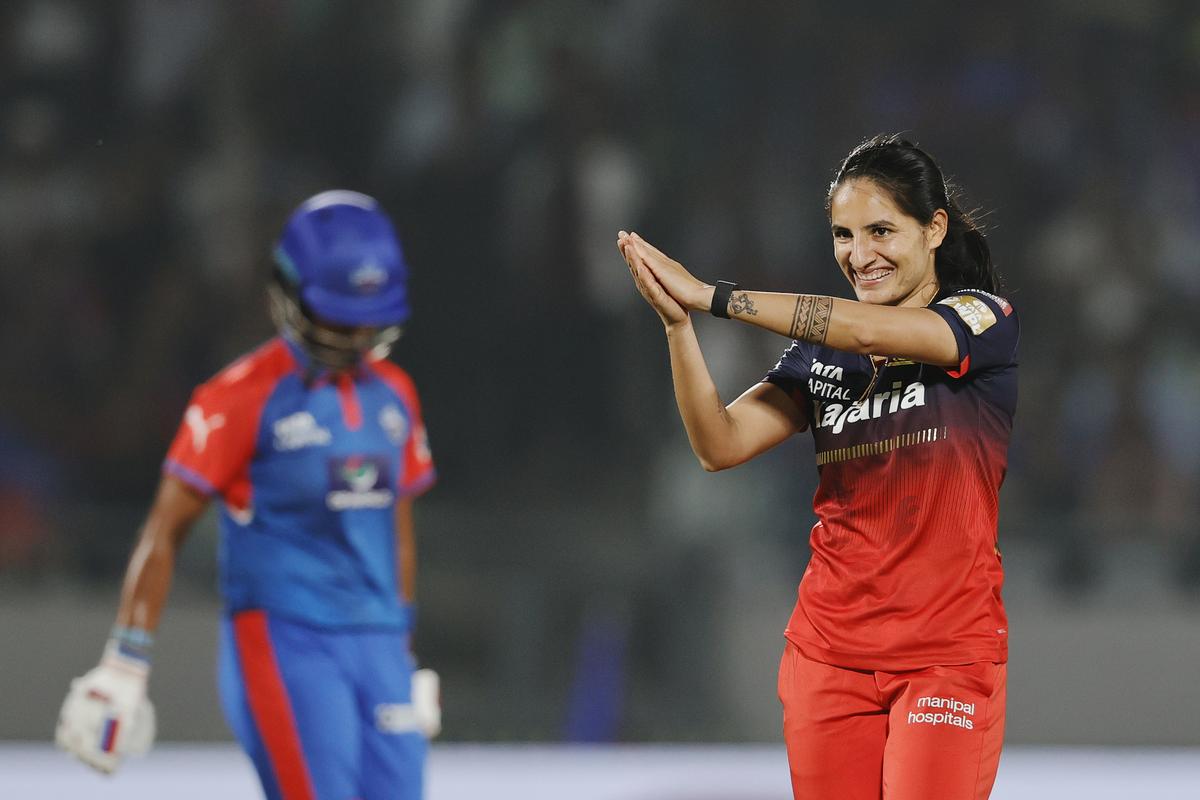 Renuka Singh of Royal Challengers Bangalore celebrating the wicket during match 4 of the Women’s Premier League 2025 (WPL) between The Delhi Capitals  and The Royal Challengers Bangalore   held at the BCA Stadium, Vadodara, India on the 17th February 2025.