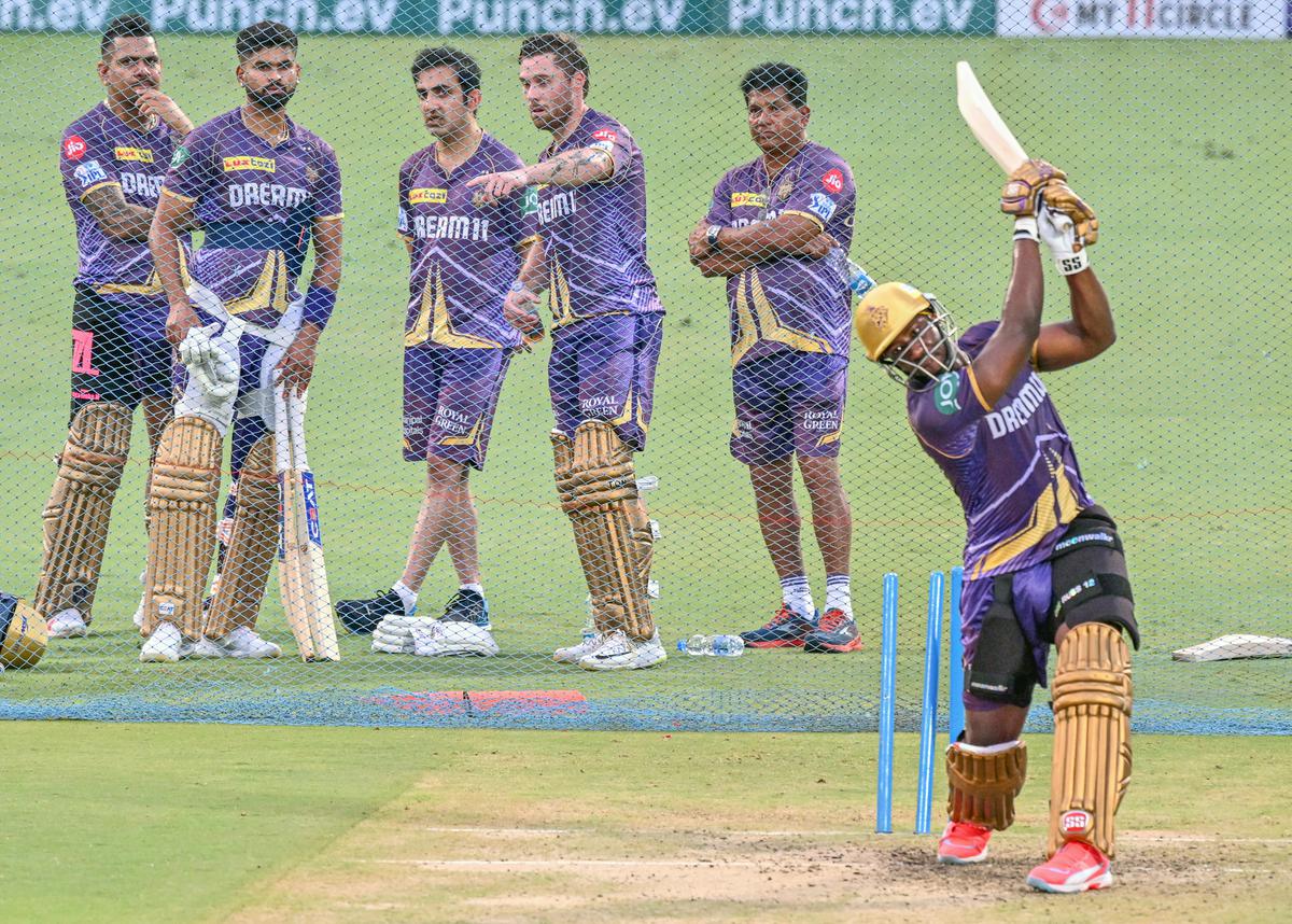Kolkata Knight Riders’ Andre Russell plays a shot during a practice session ahead of the Indian Premier League (IPL) 2024 T20 cricket match between Delhi Capitals and Kolkata Knight Riders.