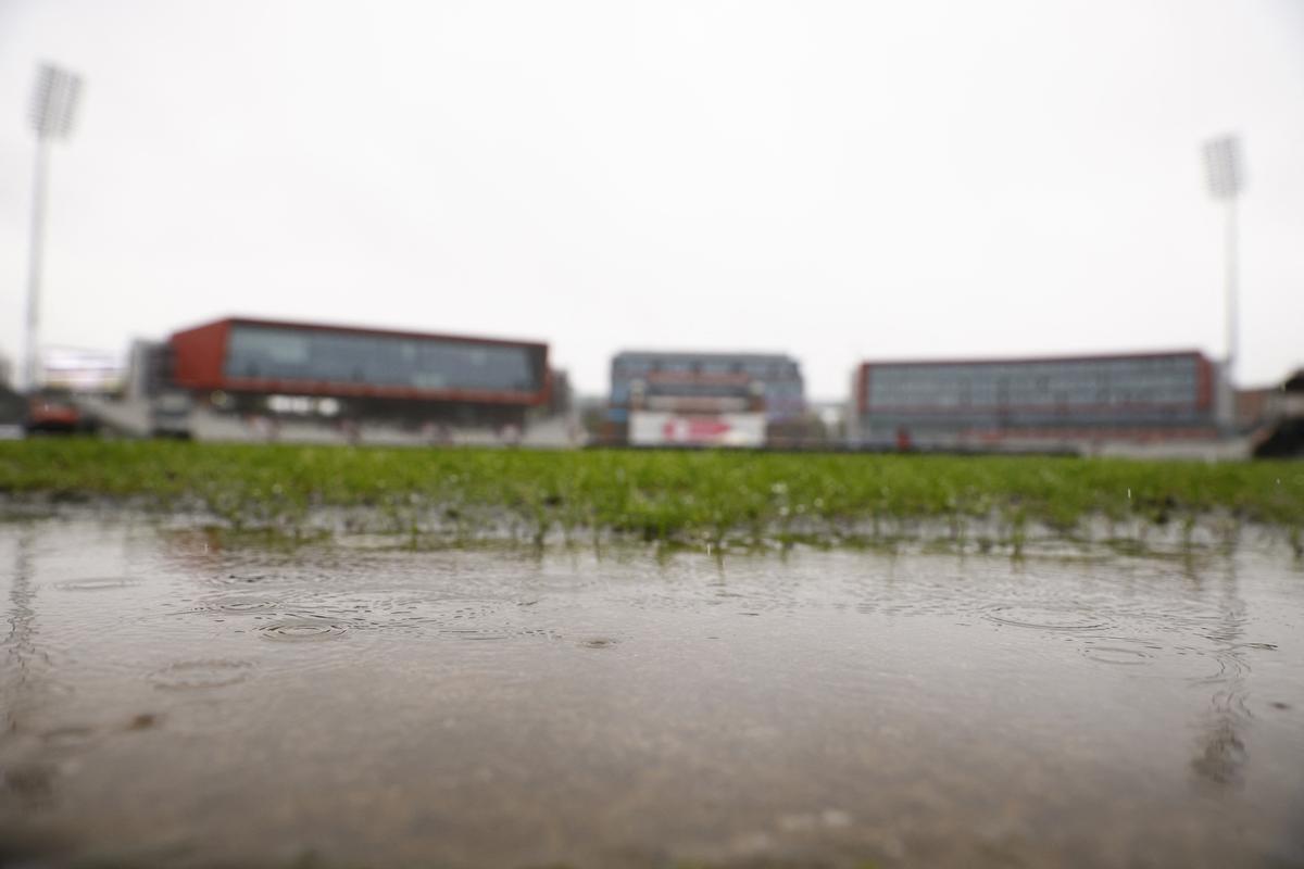 General view of the pitch as rain forced the match to end as a draw on day 5 of the fourth Ashes Test in Manchester.