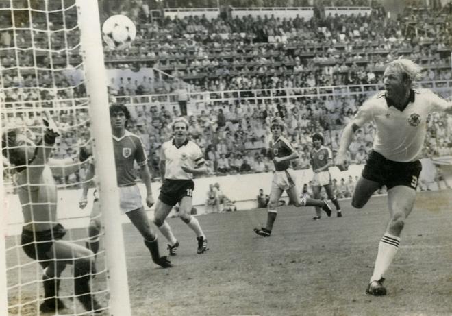 Horst Hrubesch uses his height and power to maximum advantage and puts West Germany ahead in the World Cup tie against Austria with a header at Gijon, Spain on June 25, 1982.