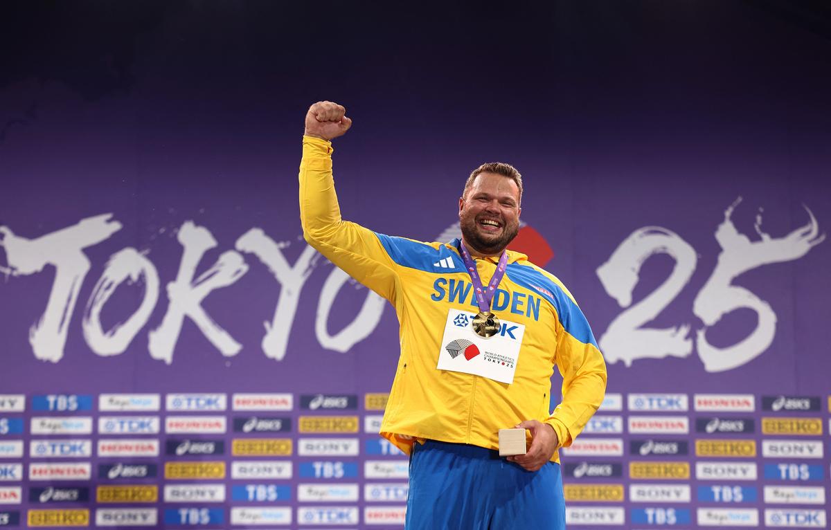 Sweden’s Daniel Stahl celebrates on the podium.