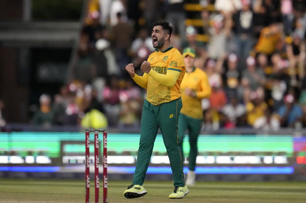 South Africa’s bowler Tabraiz Shamsi celebrates after dismissing India’s batsman Shubman Gill in the T20 series. 