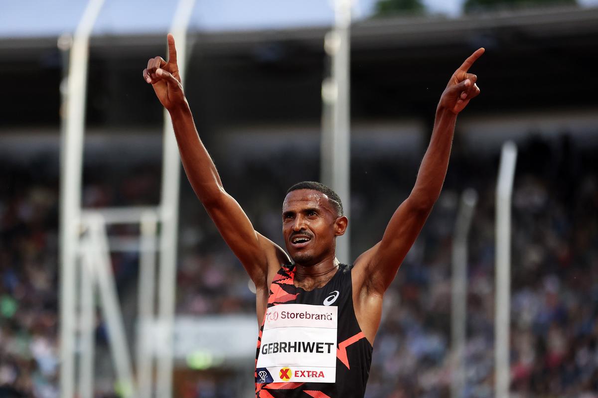 Ethiopia’s Hagos Gebrhiwet celebrates after winning men’s 5,000m final during the Diamond League meeting at Bislett Stadium in Oslo, Norway on Thursday.