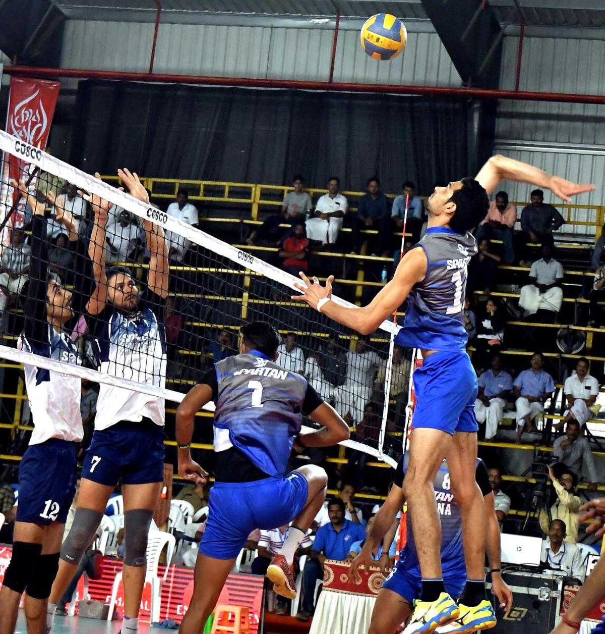 Haryana’s Shubham Chaudhary (Extreme R)) scoring a point against Himachal Pradesh during the National volleyball tournament in 2014.