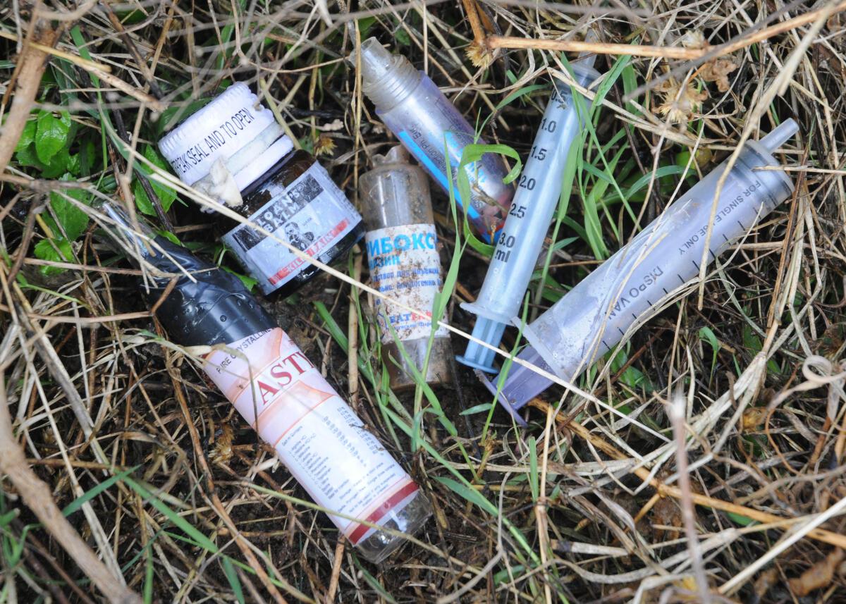 Syringe and Medicines found near the Sports Authority of India Hostel premises in Bangalore on July 11, 2011. 