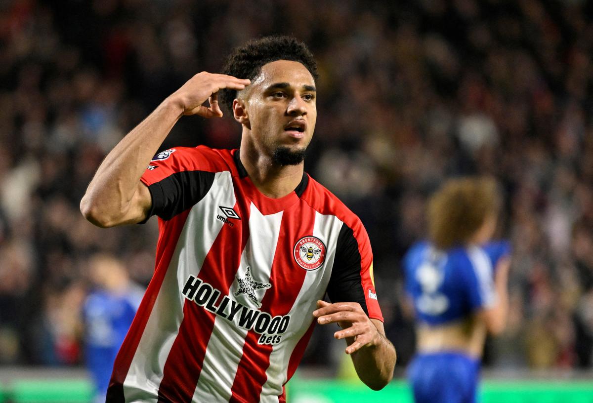 Brentford’s Kevin Schade celebrates scoring its fourth goal to complete a hat-trick.