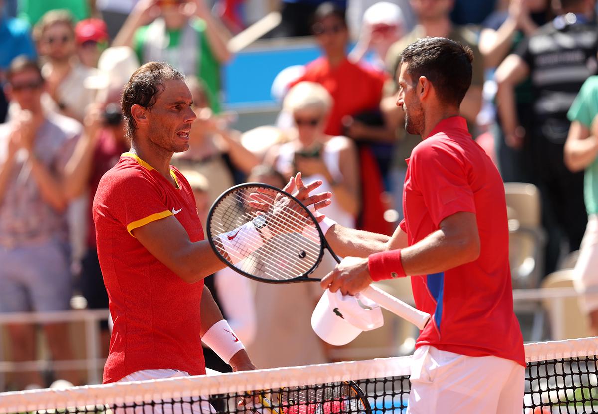 Spain’s Rafael Nadal (left) congratulates Serbia’s Novak Djokovic (right) after the latter’s win in the second round of Paris Olympics at Roland Garros on July 29, 2024