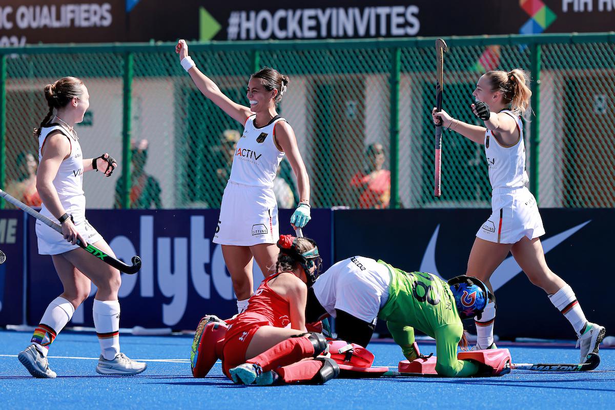 Oruz Selin (middle) celebrates the goal in the 2024 FIH Paris Olympic Qualifier between Germany and Chile at Ranchi.