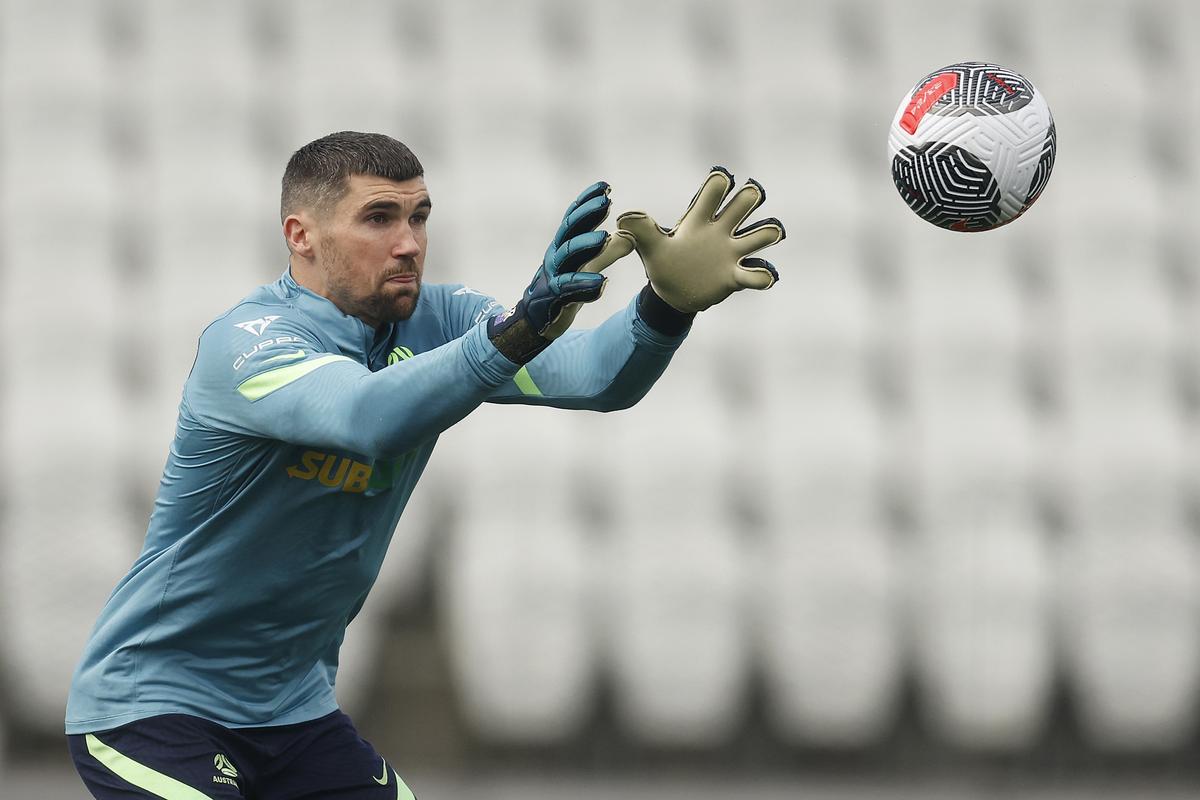 FILE PHOTO: Socceroos goalkeeper Matthew Ryan in action during a Socceroos training session at Lakeside Stadium on November 14, 2023 in Melbourne, Australia.