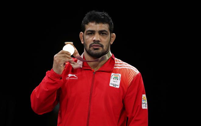 India’s gold medallist Sushil Kumar poses during the medal ceremony for the Men’s Freestyle 74 kg at the Gold Coast 2018 Commonwealth Games.