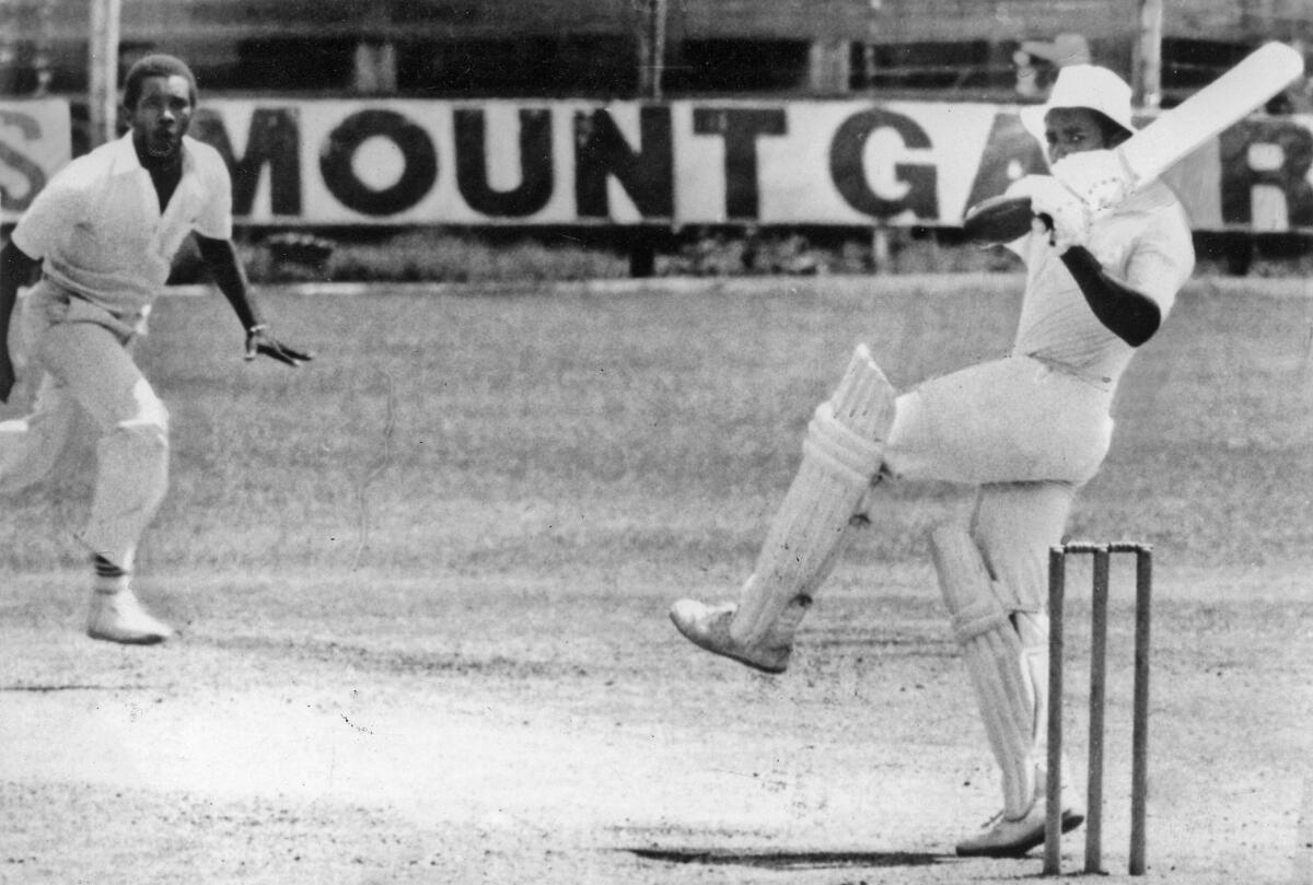 Roland Butcher pulls Malcolm Marshall during a tour match between England and Barbados at the Kensington Oval on March 10, 1981. 