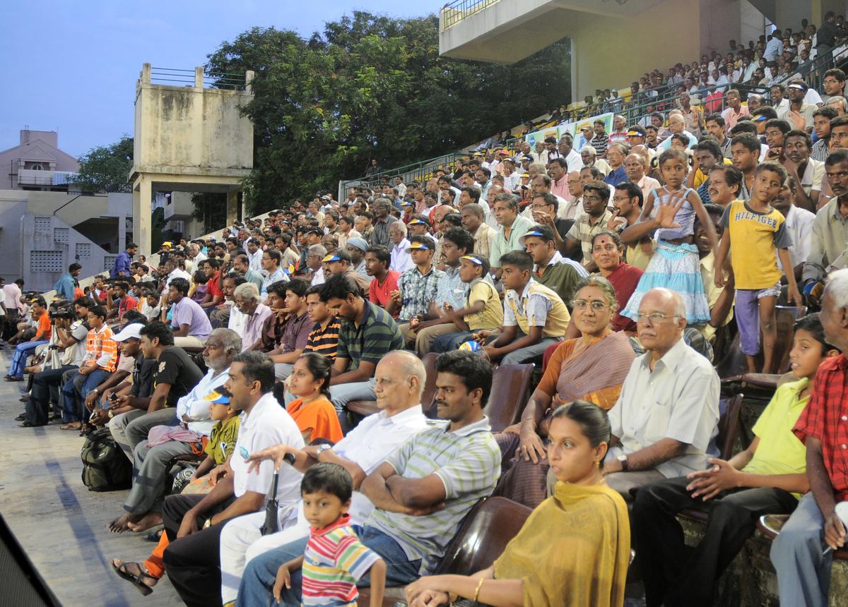 A portion of the crowd enjoying the MCC-Murugappa Gold Cup hockey tournament finals at the Mayor Radhakrishnan Stadium, in Chennai in 2010.