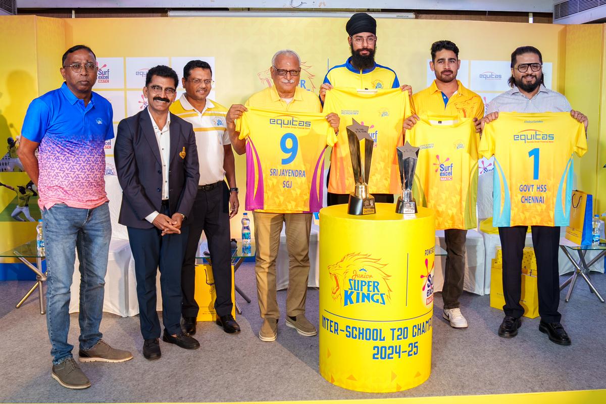 Chennai Super Kings (CSK) left-arm pacers Mukesh Choudhary (second from right) and Gurjapneet Singh (third from right) were the special guests at the launch of the ninth edition of the Junior Super Kings (JSK) inter-school T20 cricket tournament.