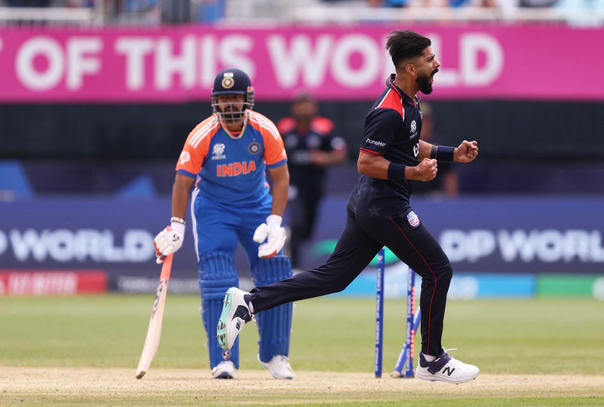 Ali Khan of USA celebrates the dismissing of Rishabh Pant during the ICC Men’s T20 Cricket World Cup 2024 in New York.