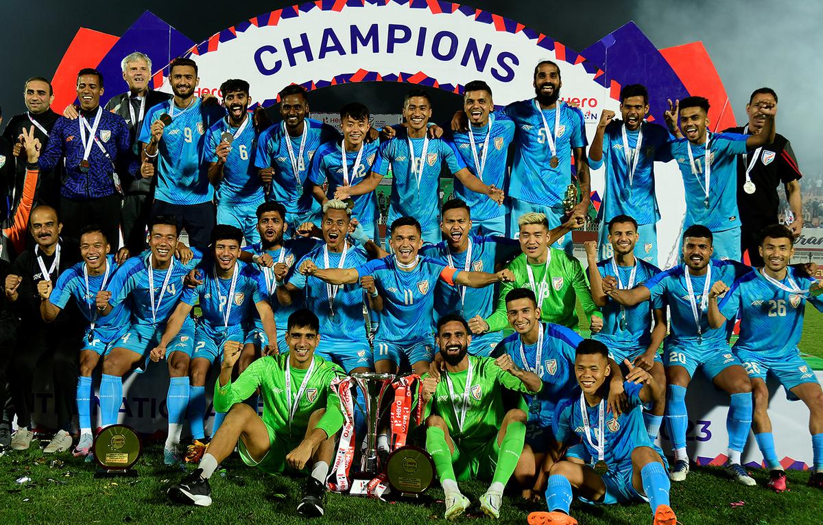 Indian football team with their trophy celebrates after winning against Kyrgyz Republic at the Tri-Nation International football tournament in Imphal, Manipur on Tuesday, 28 March 2023. India won by 2-0.