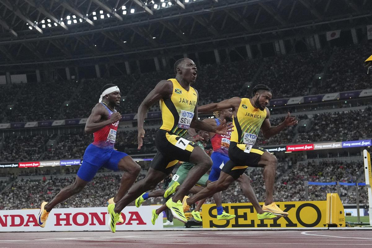 A packed house at the Japan National Stadium watches the men’s 100m final at the 2025 World Athletics Championships.