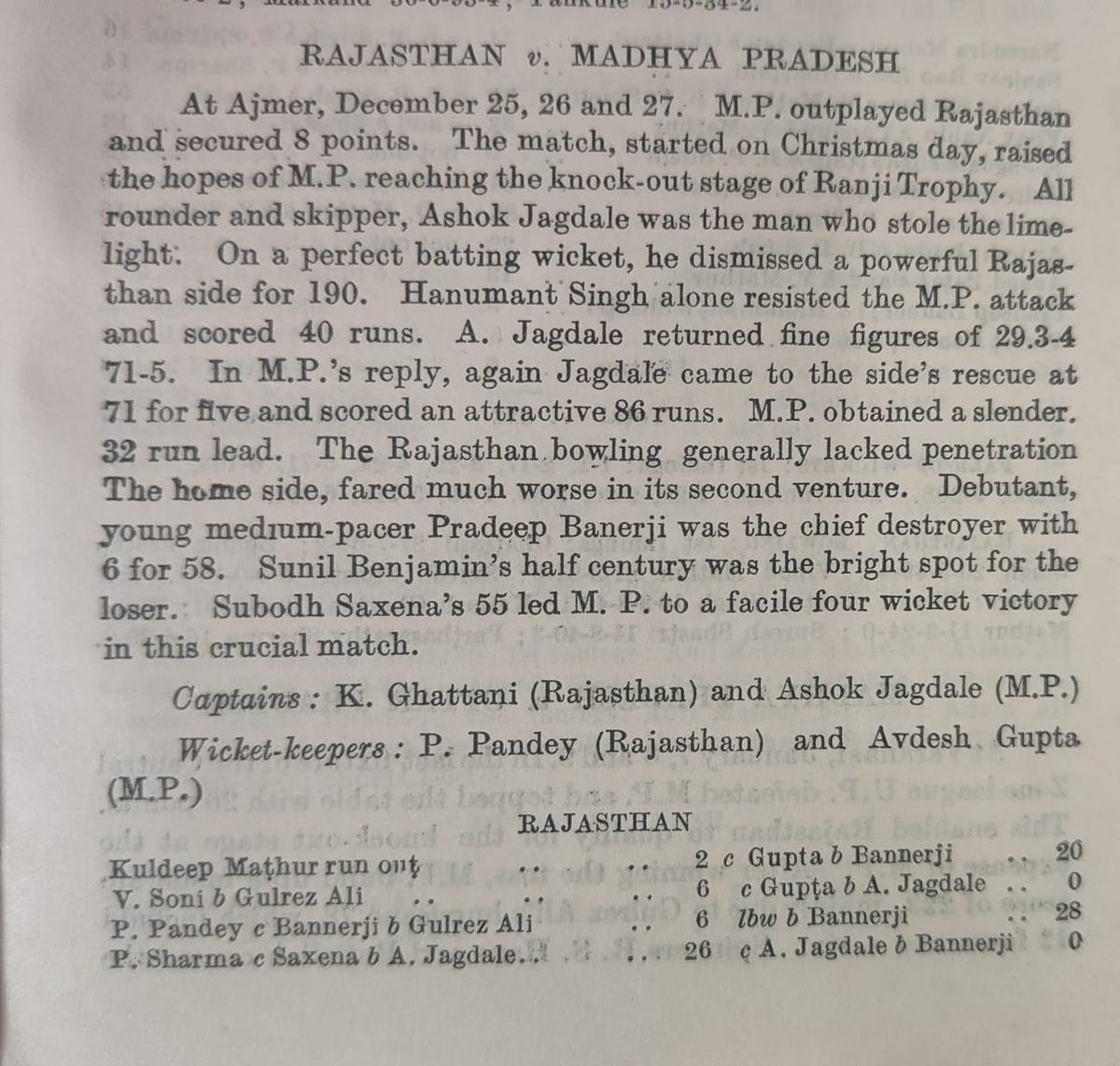 A scorecard of Rajasthan’s Ranji Trophy match against Madhya Pradesh where Piyush played under captain Gattani.