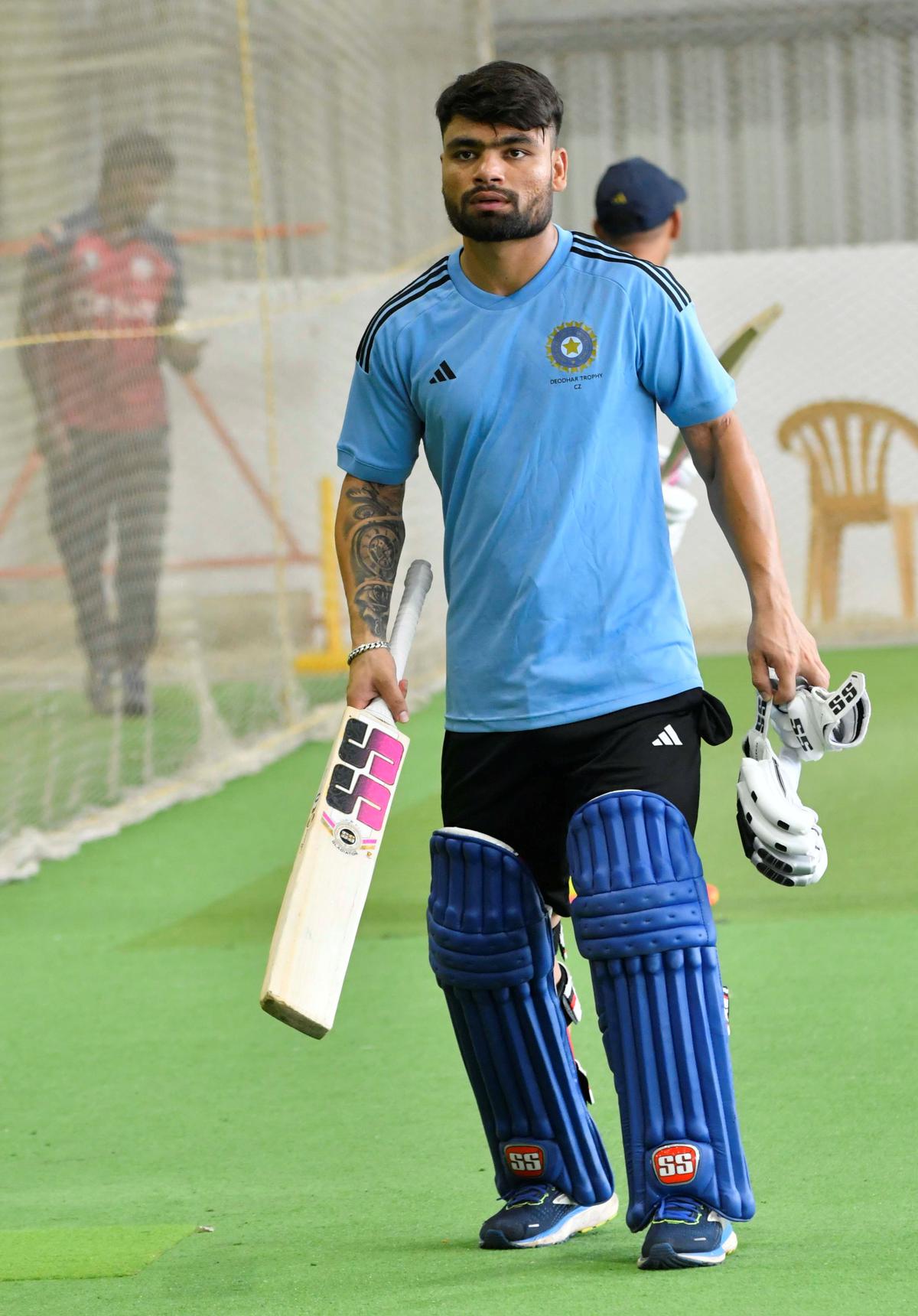 Rinku Singh (Central zone), practising for the Deodhar Trophy at Siechem Stadium. 