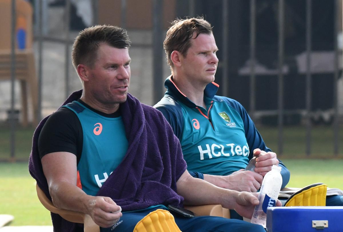 Australia’s David Warner and Steve Smith during practice session at M.A. Chidambaram Stadium, Chepauk in Chennai on Friday, ahead of the ICC Men’s Cricket World Cup 2023 match between India and Australia. Photo : 