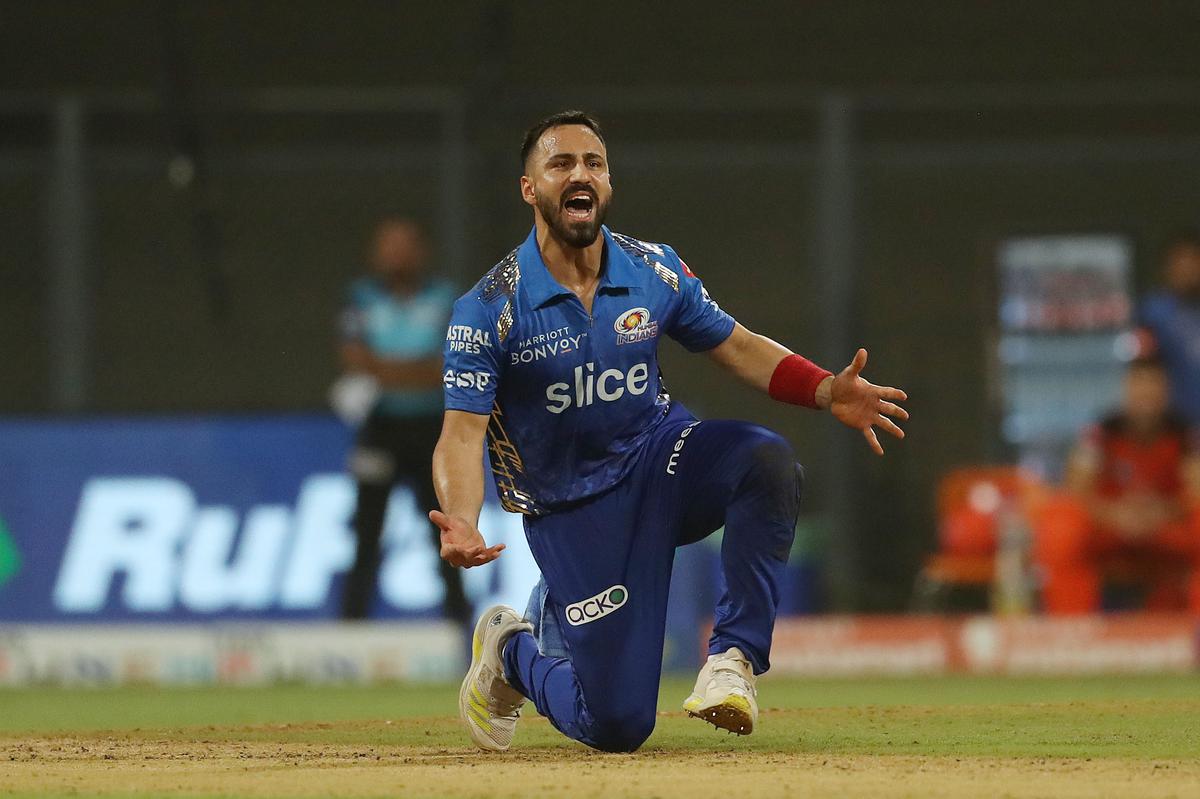 FILE PHOTO: Ramandeep  Singh of Mumbai Indians celebrates the wicket of Priyam  Garg of the Sunrisers Hyderabad during match 65 of the Indian Premier League 2022.