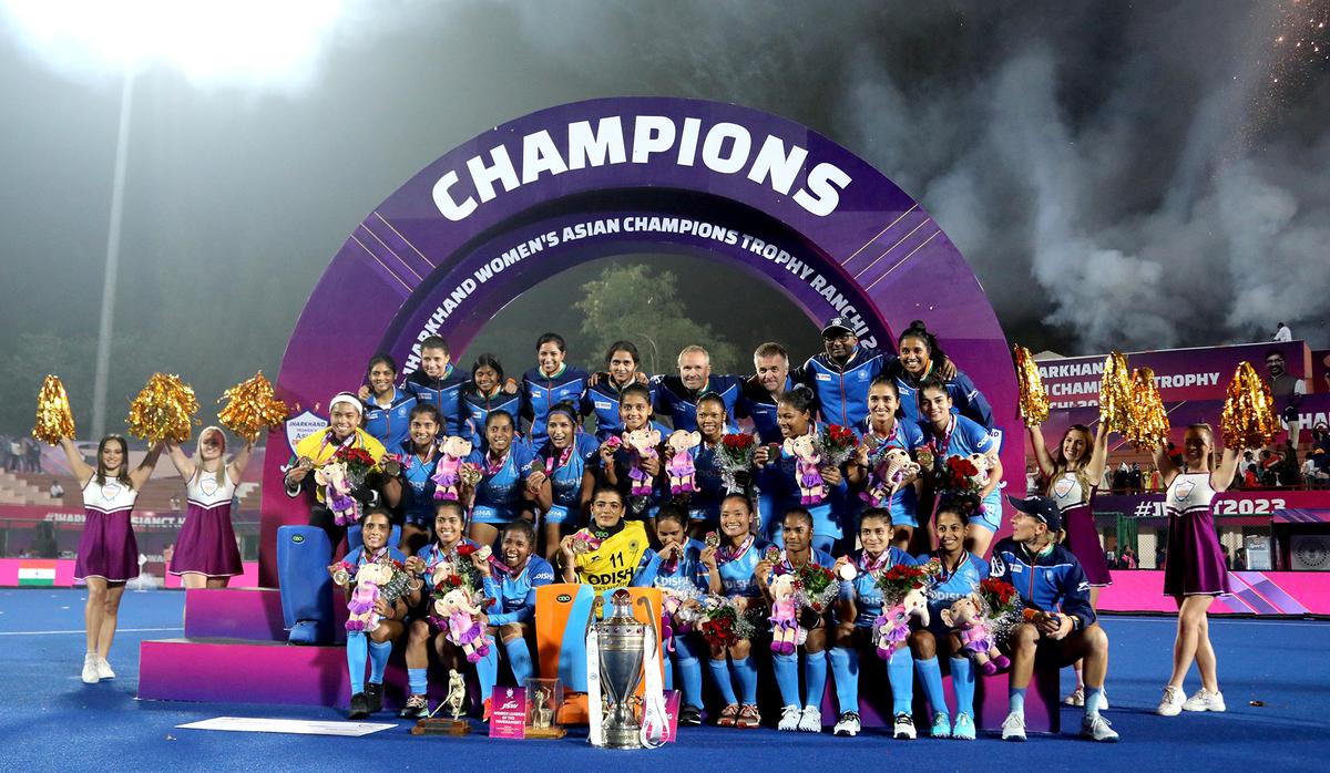 India celebrates winning the Women’s Asian Champions Trophy 2023, beating Japan in the final in Ranchi. 