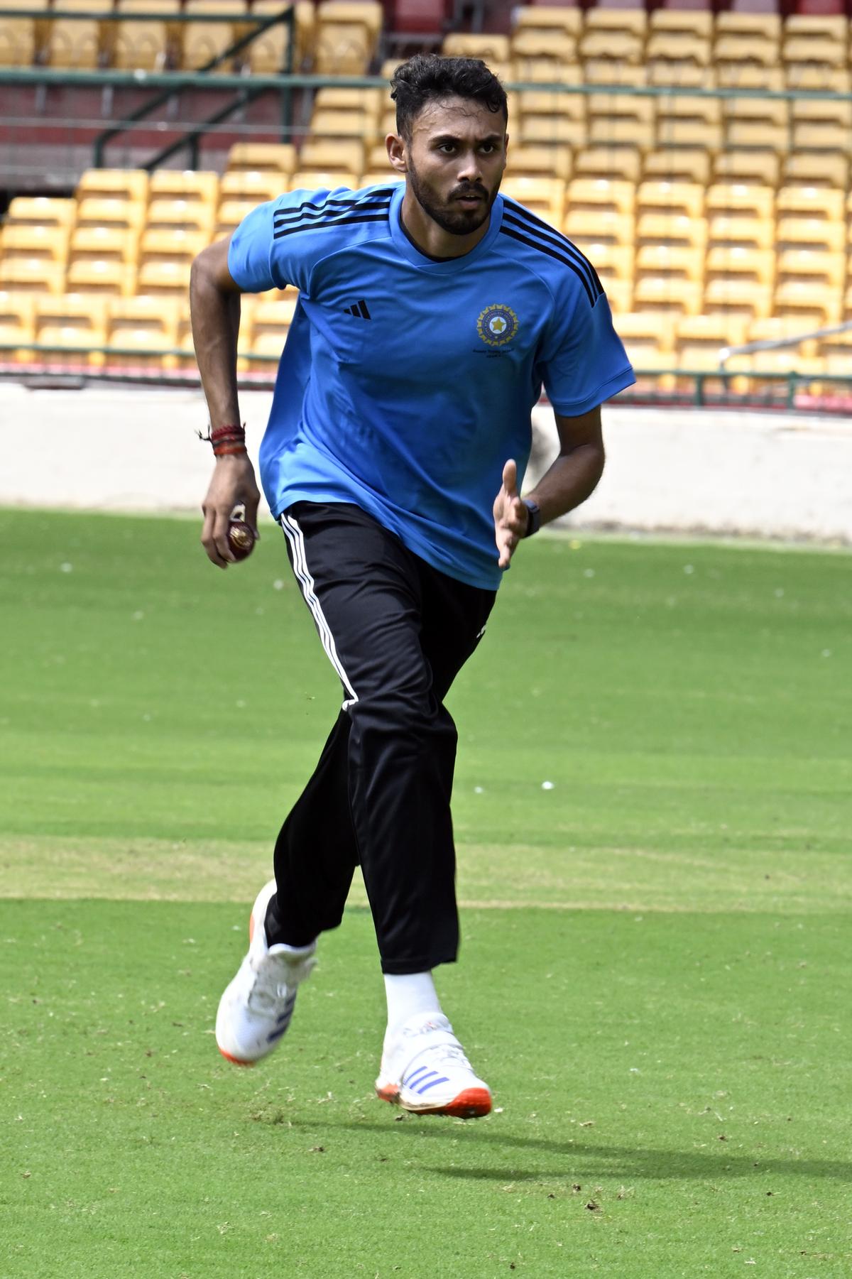 Vidwath Kaverappa practising ahead of the Duleep Trophy opener in Bengaluru. India is scheduled to play 10 Tests in less than four months and the pacer will look to make the cut through this tournament.