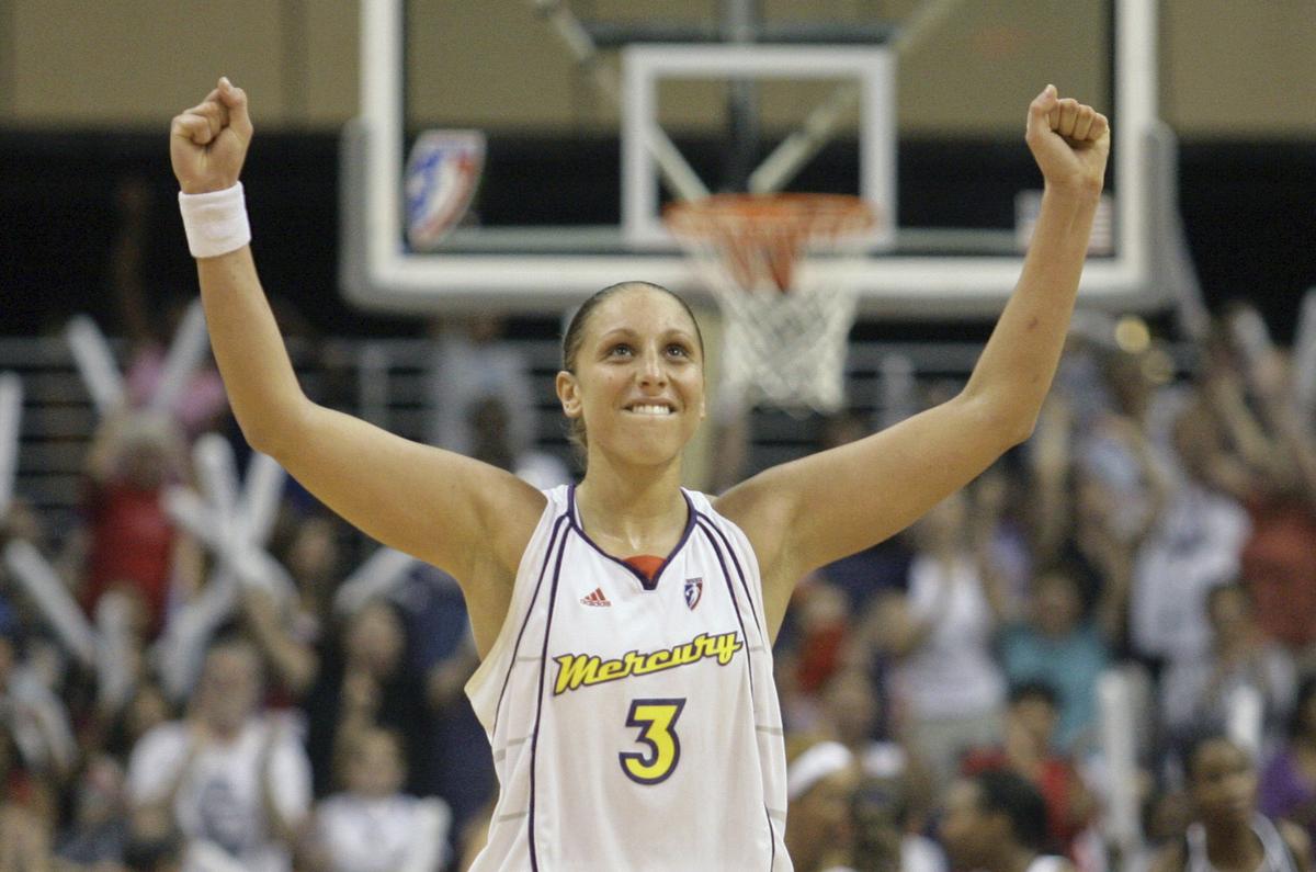 FILE  - Phoenix Mercury guard Diana Taurasi celebrates a field goal late in the fourth quarter against the San Antonio Silver Stars during Game 2 of the WNBA Western Conference basketball finals Saturday, Sept. 1, 2007. 