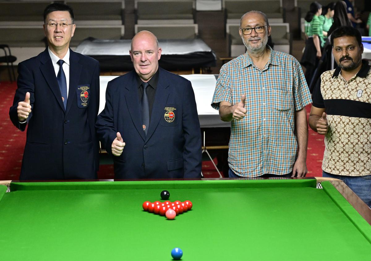 Jim Leacy (2nd left), Vice President, International Billiards & Snooker Federation (IBSF), Joseph Lo (left), Treasurer - IBSF, and Tournament Director, S Balasubramaniam (2nd right), President BSFI and KSBA, and H E Anand, Secretary, ahead of IBSF World Junior Snooker Championships 2024, for the Under-17 Men and the Under-21 Men & Women categories.