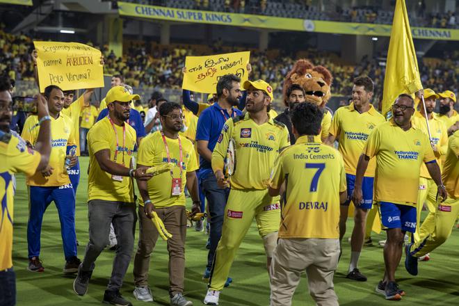 Chennai Super Kings captain MS Dhoni walks on the ground to thank the crowd after the last home game in IPL 2023. 