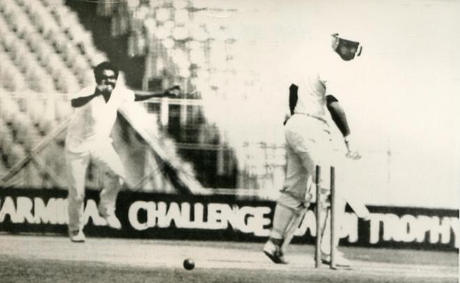 Bengal medium pacer Dattareya Mukherjee in Glee having knocked down the leg stump of Delhi opener Mannu Nayyar in the very first over of the Ranji Trophy final at the Eden Gardens on March 23, 1990.