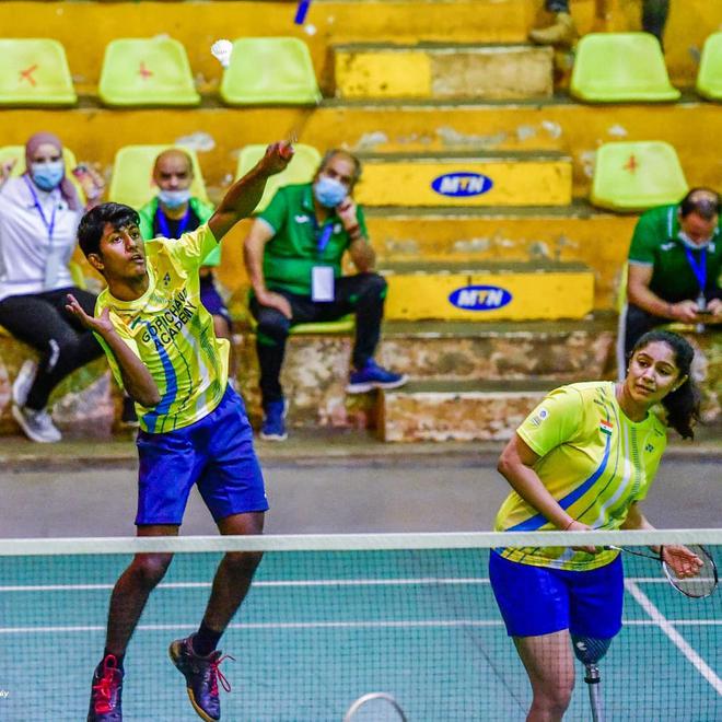 Ruthick Ragupathi plays a crosscourt smash during the Uganda International Para Badminton final in 2021 where they clinched the SU5-SL3 mixed doubles gold in Kampala.