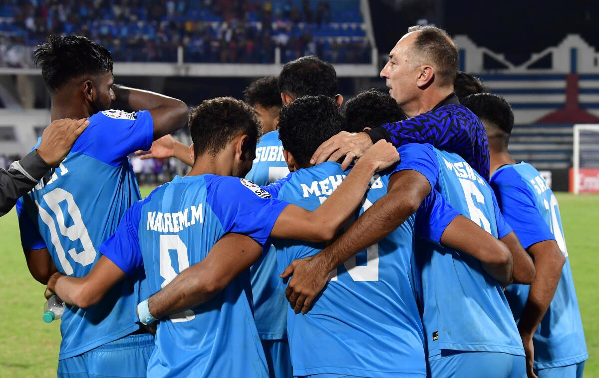Indian Football team head Coach Igor Stimac, greeting players after winning, during the SAFF Championship 2023 football semi-final match between India and Lebanon, in Bengaluru on July 01, 2023. 