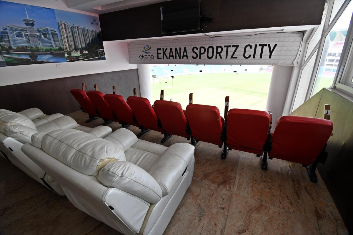 A view of one of the hospitality boxes at the Ekana Stadium. Every space comes equipped with a washroom-shower for guests. 