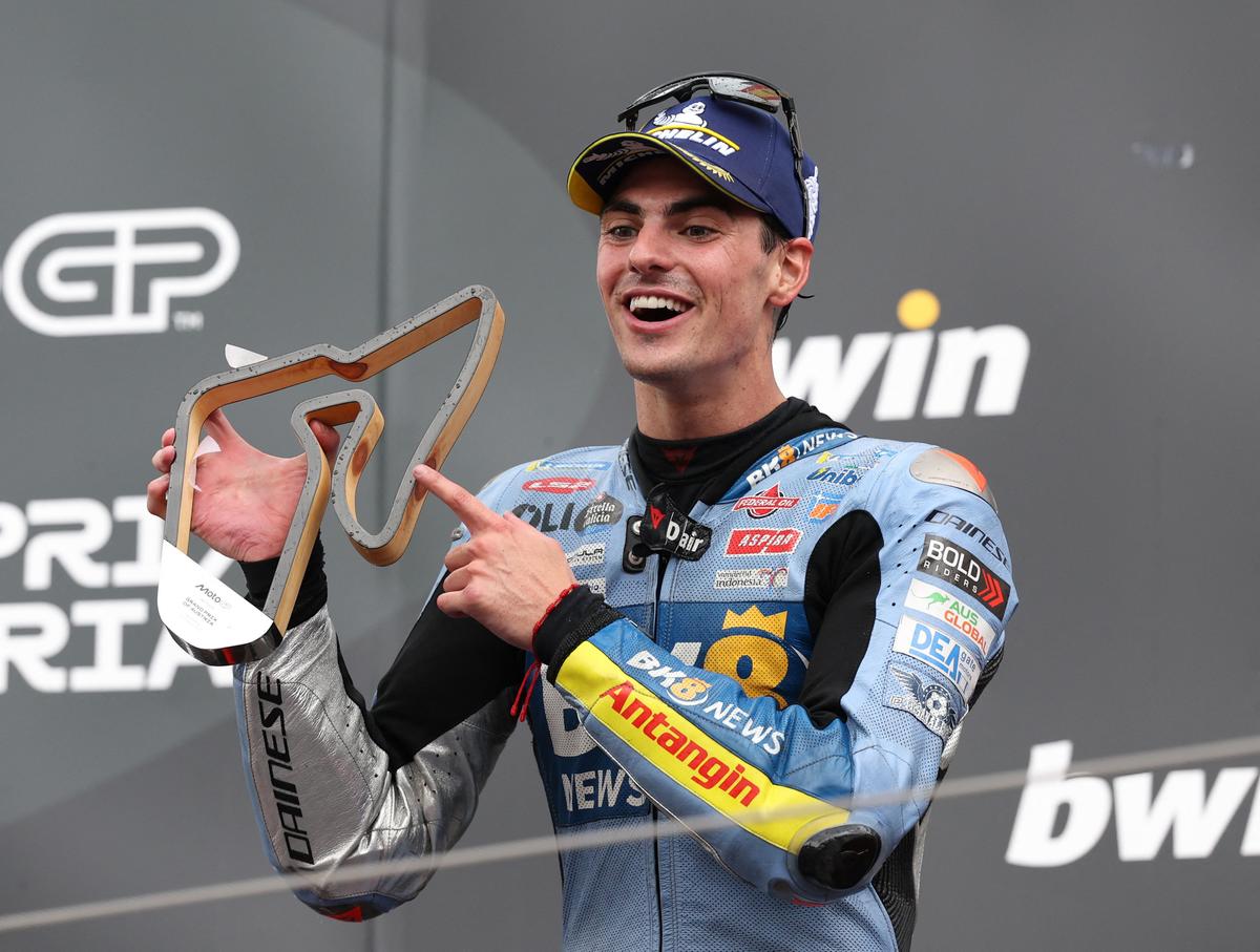 Gresini Racing MotoGP’s Fermin Aldeguer celebrates his second-place finish at the Austrian GP. 