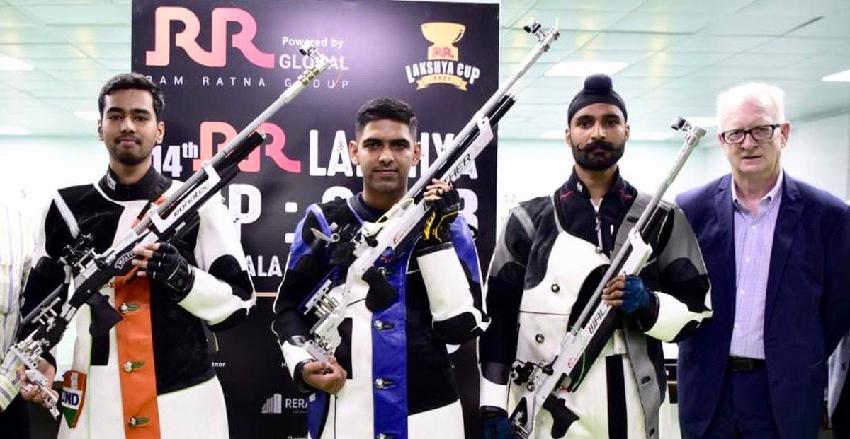 The medallists of the Lakshya Cup air rifle competition, (from left), Mohit Gowda, champion HImanshu Talan and Gurjant Singh, with the chief guest Dr. Pierre Beauchamp in Mumbai on Sunday. 