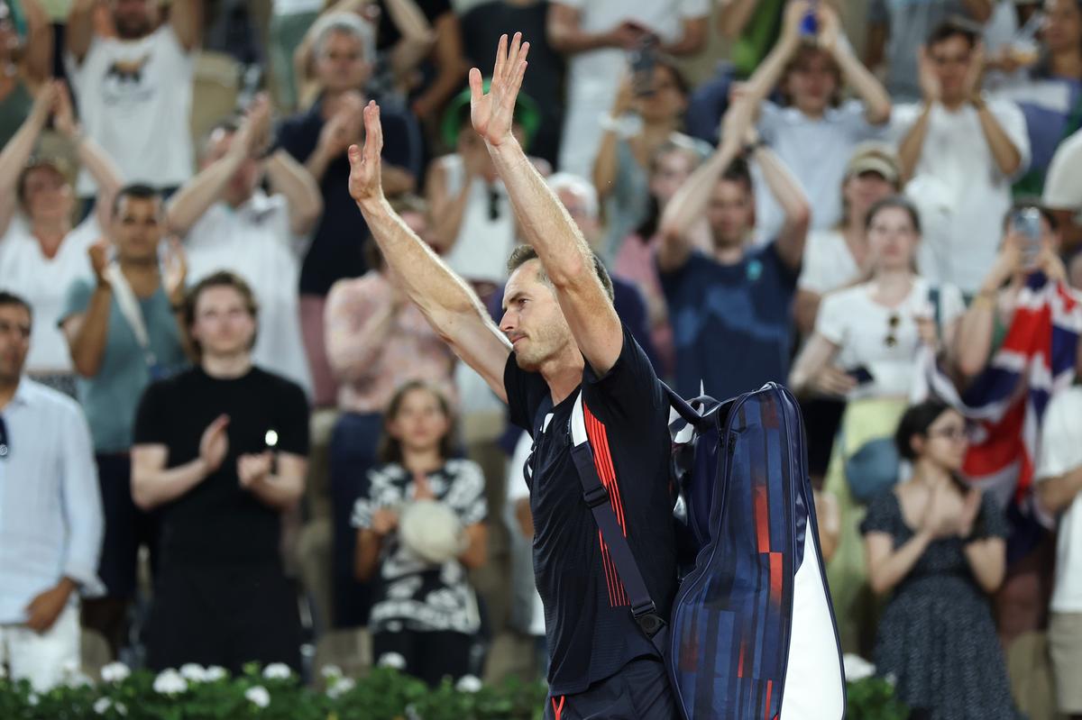 Britain’s Andy Murray acknowledges the crowd after losing to USA’s Taylor Fritz and Tommy Paul during the men’s doubles quarterfinal in Paris Olympics at Roland Garros on August 01, 2024.