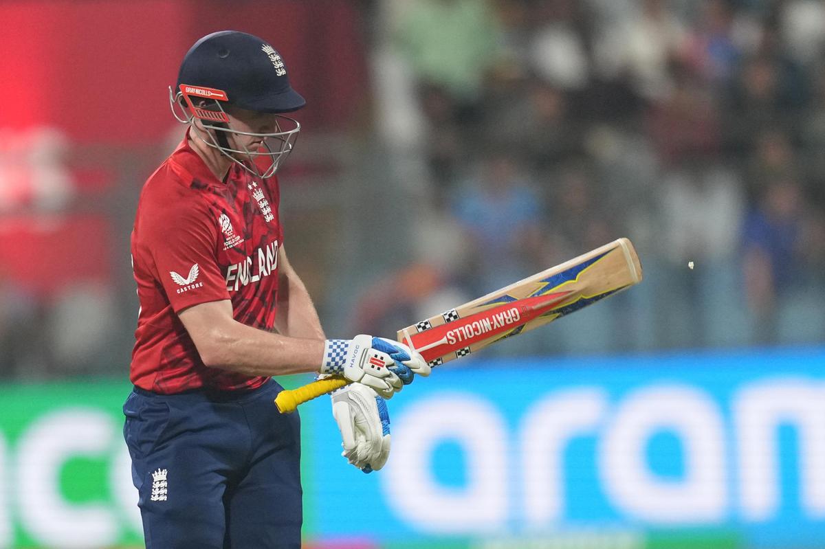 England's captain Harry Brook leaves the ground after losing his wicket during the T20 World Cup match against West Indies. 