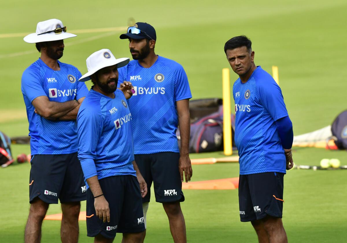 Think Tank: India captain Rohit Sharma along with coach Rahul Dravid, fast bowler Jasprit Bumrah and batting coach Vikram Rathour during a training session. (File Photo)