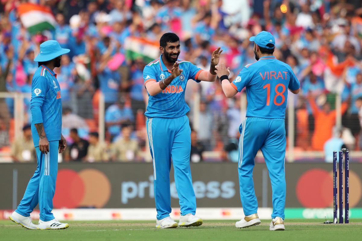 Jasprit Bumrah of India celebrates the wicket of Shadab Khan of Pakistan during the ICC Men’s Cricket World Cup India 2023 between India and Pakistan at Narendra Modi Stadium on October 14, 2023 in Ahmedabad, India.